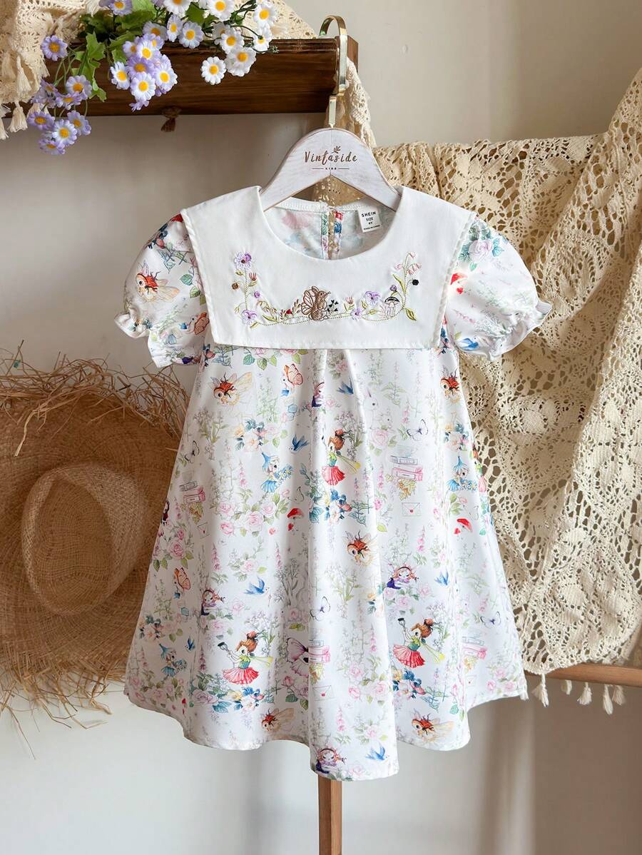 Vintaside Kids Young Girl Cute Rabbit Allover Print Puff Sleeve Dress - Multicolor - View 1