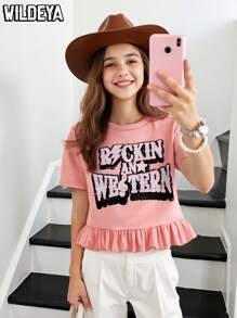 SHEIN Tween Girls Music Festival English Graphic Ruffle Hem Decorated T-Shirt, Fashion & Playful Design For Outdoor Activities And Daily Theme Parties, Spring & Summer