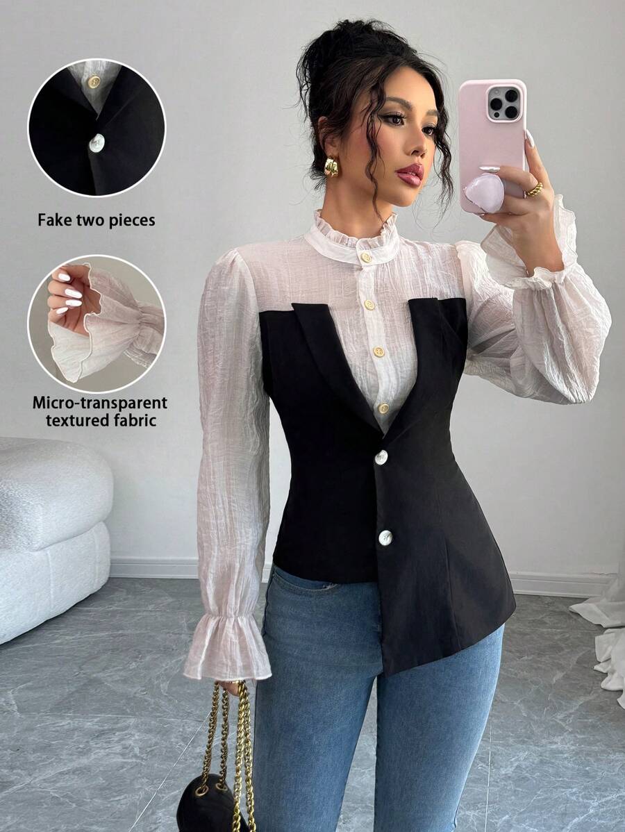 Elenzga Áo cánh nữ cạp cao nhún bèo bất đối xứng mới nhất mùa xuân & hè, thiết kế khối màu thời trang - Nhiều màu - Xem 1