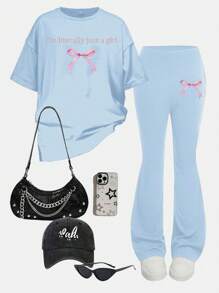 SHEIN Leap Crew 青少年女孩休闲简约设计两件套短袖套装，适合春夏季 - 藍色 - 查看 2