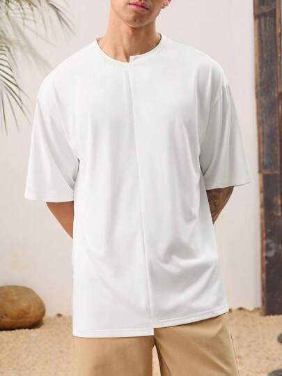 Manfinity VCAY 男女款休闲宽松不对称圆领纯色短袖 T 恤，适合日常穿着