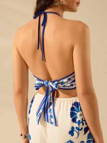 CAJUNI Women's Boho Ginkgo Leaf, Parrot, Blue & White Printed Halter Backless Tie Front Wide Leg Jumpsuit, Casual Summer Beach Wear
