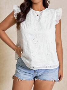 Elaquor 大码度假休闲纯色镂空刺绣衬衫 - 白色 - 查看 7