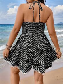SHEIN Clasi Plus Size Women's Boho Casual Floral Print Color Blocking Ruffle Asymmetric Hem Romper Western Wear, For Summer - Black and White - View 2