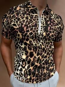 SHEIN Manfinity Dauomo Leopard Print Short Sleeve Men's Polo Shirt - Brown - View 1