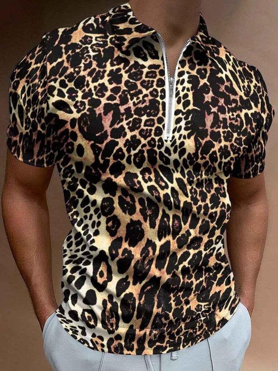 SHEIN Manfinity Dauomo Leopard Print Short Sleeve Men's Polo Shirt - Brown - View 1
