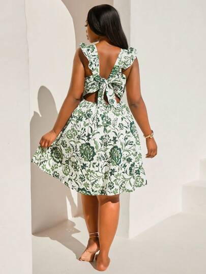 SHEIN SXY 大码女式镂空刺绣面料搭配热带花卉印花露背荷叶边连衣裙，适合日常穿着、海滩度假、约会之夜、生日、单身派对装扮，可爱、休闲、购物、街头装、外出，易于搭配且看起来苗条，突出您的身材，凸显身材