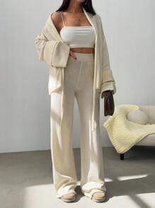 EURMUSE Women Ruffle Frill Detailed Bow Tie Front Cardigan And Sweater Pant 2 Piece Set Co-Ords