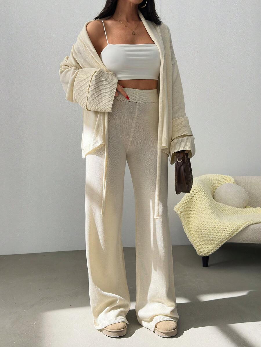 EURMUSE Women Ruffle Frill Detailed Bow Tie Front Cardigan And Sweater Pant 2 Piece Set Co-Ords