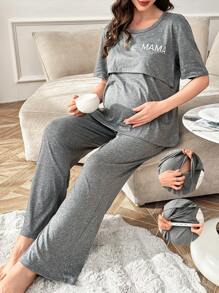 Casual Letter Print Nursing Design Maternity Short Sleeve Pajama Set
