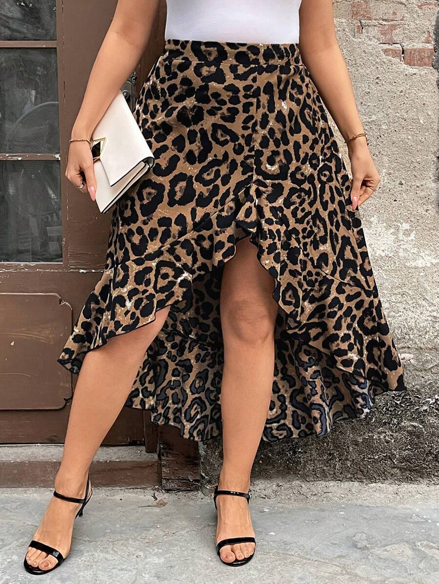 Breezaya Plus Size Women Leopard Print Side Slit Skirt,Beach Outfits - Multicolor - View 1