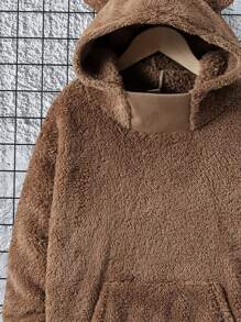 SHEIN 青少年男孩字母贴布袋鼠口袋3D耳朵设计泰迪熊卫衣 - 駝色 - 查看 3