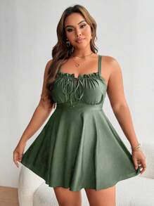 SHEIN Swim Curve 大码女式黑色荷叶边前系带泳衣 - 軍綠色 - 查看 3