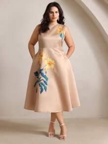 Anewsta Robe de vacances élégante et romantique à imprimé floral sans manches pour femme