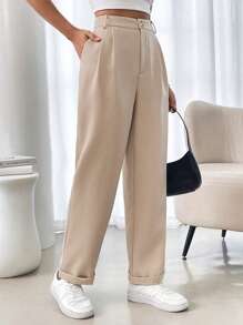 RosyDaze Pantalon de tailleur pour femmes décontracté, de couleur unie, sans stretch, avec ourlet plissé et poches