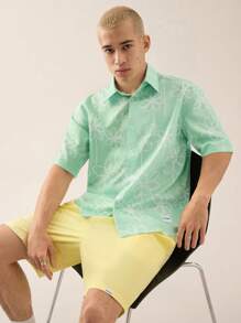 Mainfolk 2pcs Men's Woven Fashionable Casual Young Loose Short Sleeve Shirt & Elastic Waist Straight Leg Shorts Set - Multicolor - View 1