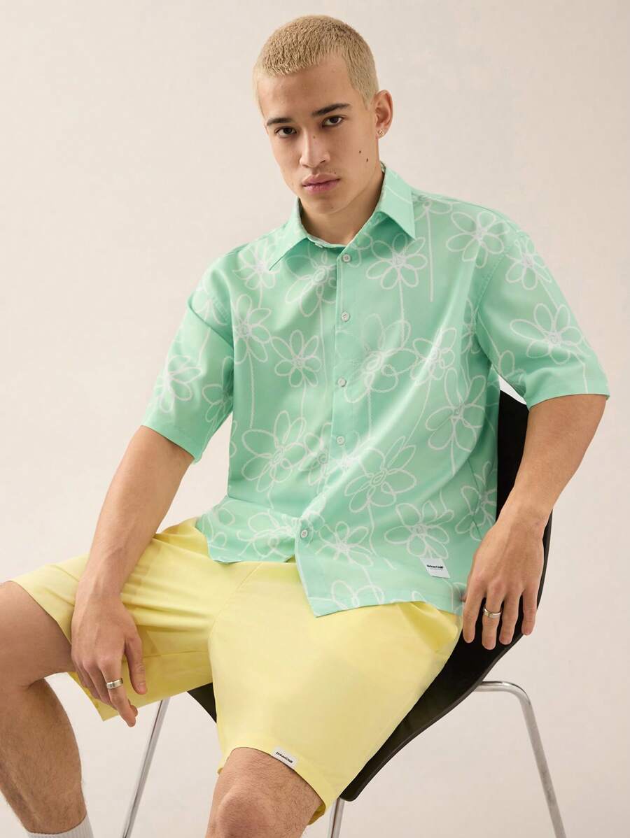Mainfolk 2pcs Men's Woven Fashionable Casual Young Loose Short Sleeve Shirt & Elastic Waist Straight Leg Shorts Set - Multicolor - View 1