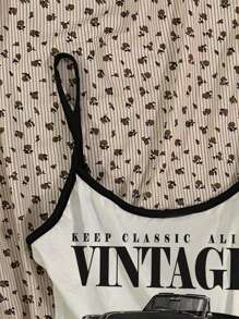 Attitoon Women's Casual Sexy Spaghetti Strap Skinny Black & White Splice Camisole Top, Vintage Car Graphic, Contrast Trim Back To School