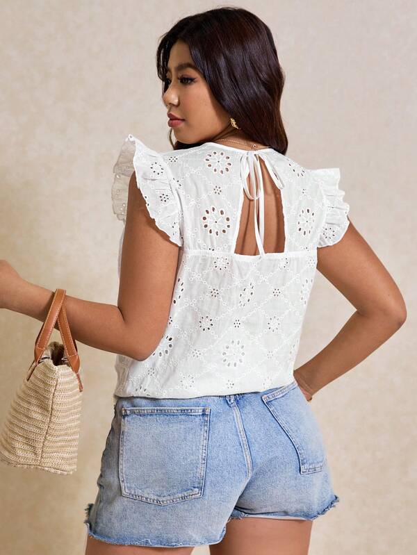Elaquor Plus Size Vacation Casual Solid Hollow Embroidery Blouse