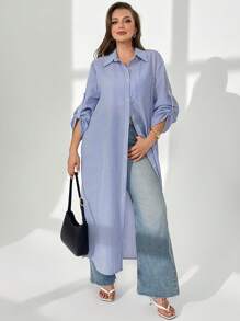 SHEIN Essnce Vestido azul y blanco de manga larga con mangas mixtas para mujeres de talla grande, para el estilo de negocios casuales, elegantes, de primavera, de vacaciones, de festival, de estilo old money, de moda casual para ir al trabajo
