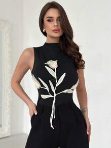 SHEIN Privé 情人节时尚优雅浪漫 3D 花卉图案黑色立领修身紧身背心 - 黑色 - 查看 6