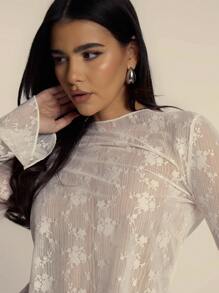 MUSERA Boat Neck Lace Flared Cuff Long Sleeve Top Spring Summer Cute Soft Essence Holiday - White - View 5