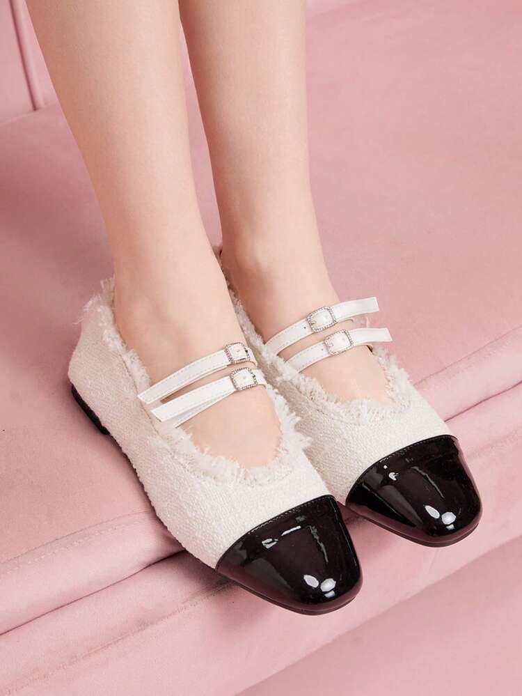 CUCCOO DOLLMOD Classic Solid Color Patchwork Retro French Style Flat Loafers With Double Buckles, Round Toe Spring Shoes Spring Break Easter