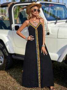 SHEIN LUNE 女士拼布缎带长款休闲吊带连衣裙