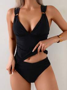 Swim Lushoire 2 件装黑色纯色环带背心和泳裤休闲度假比基尼套装女式，适合夏季海滩 - 黑色 - 查看 1