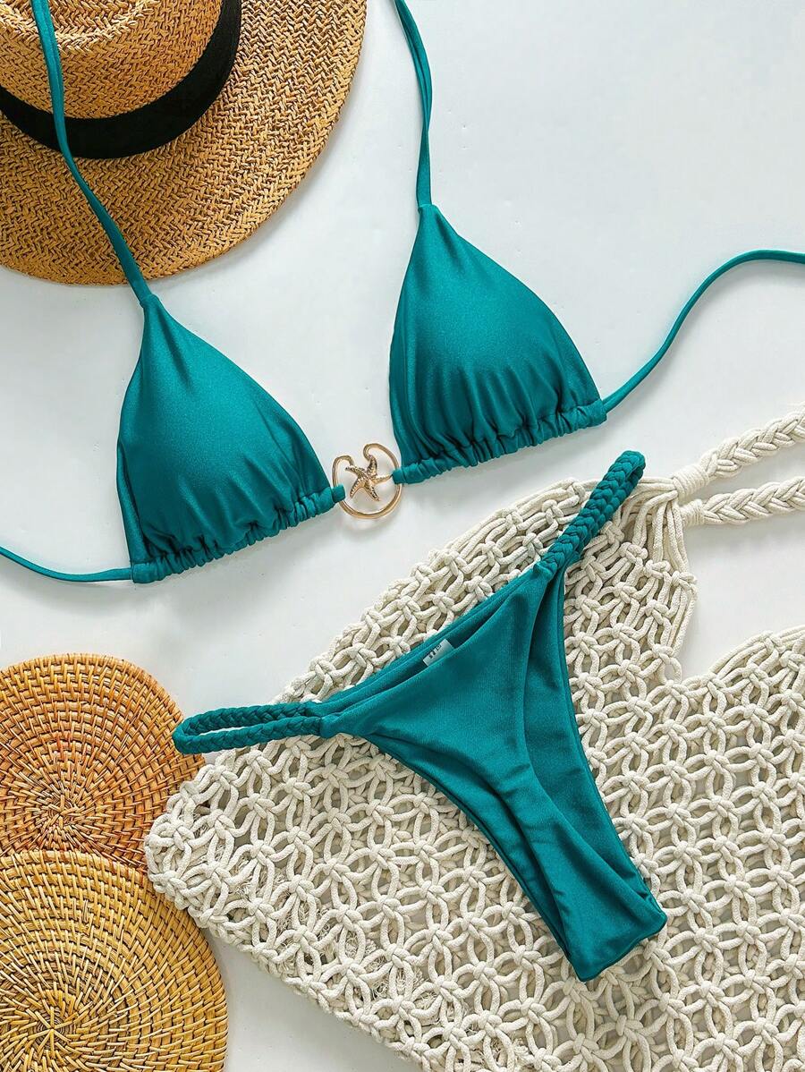 Swim Chiccia 女士夏季纯色金属装饰丁字裤和细肩带比基尼两件套泳衣套装，适合海滩度假