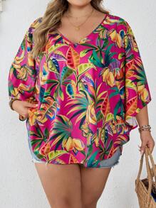 SHEIN CURVE+ 大码 V 领热带花卉印花荷叶边袖宽松衬衫，适合度假穿着