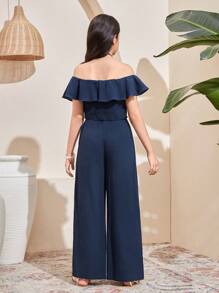 SHEIN Conjunto de Duas Peças com Camisa Cropped e Calça Pantalona com Babados para Meninas Pré-Adolescentes - Azul Marinho - Visão 2