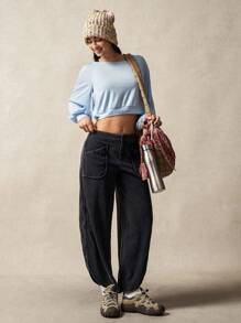 VARSITIE Long Sleeve Workout Top 1pc Oversized Round Neck Back Overlap Hollow Out Loose Fit Long Sleeve T-Shirt - Blue - View 6