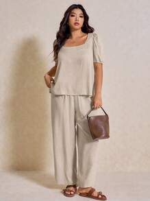 Elaquor 大码 2 件套圆领短袖纯色 T 恤和裤子 - 杏色 - 查看 5