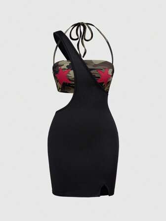 Grunge Punk Top corto sin tirantes con estampado de camuflaje Y2K sexy