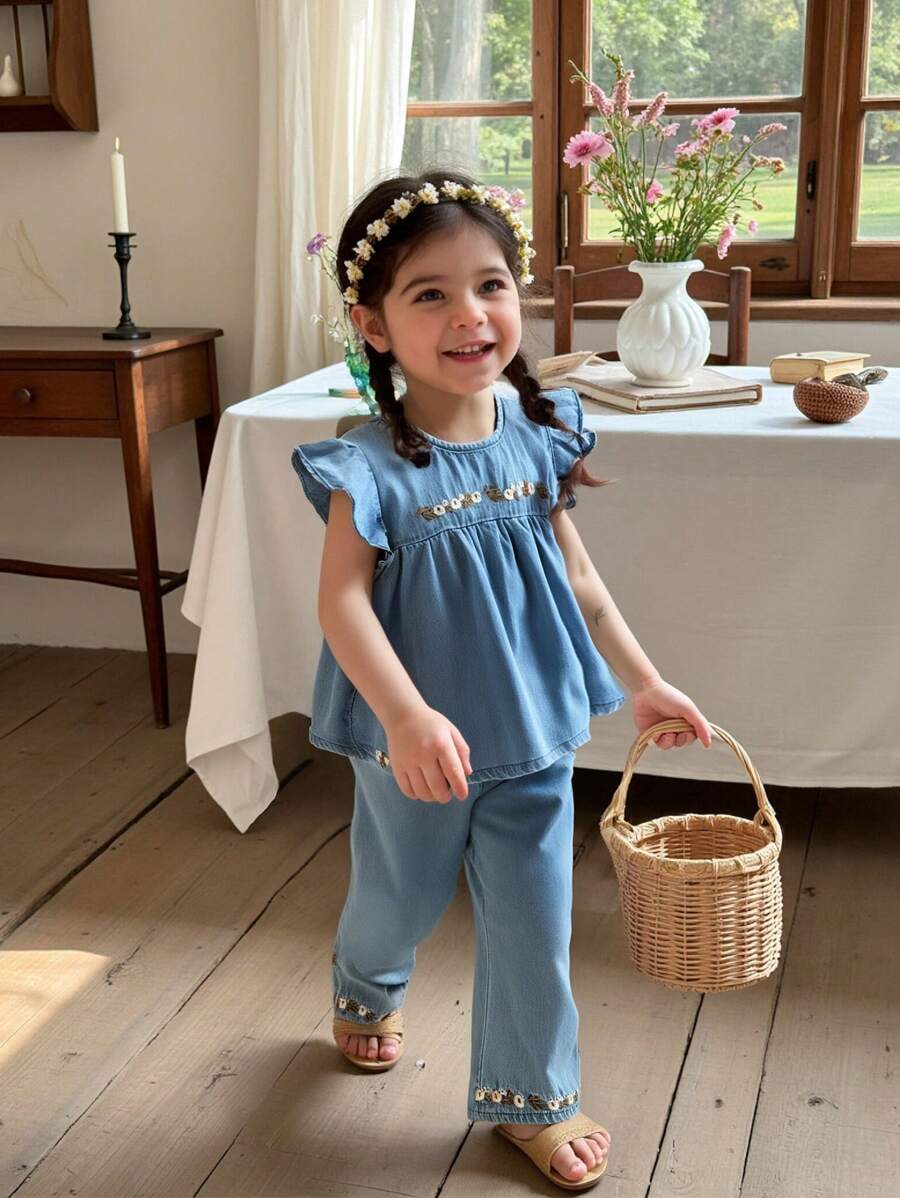 Vintaside Kids 2 件套女婴花卉刺绣牛仔上衣和裤子套装 - 彩色 - 查看 1