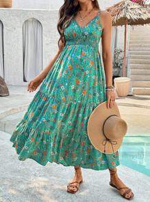 SHEIN 孕妇花卉印花束腰休闲宽松连衣裙 - 綠色 - 查看 6