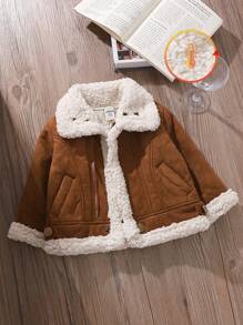 Baby Boy Winter Teddy Lined Zip Up Turndown Collared Motorcycle Jacket - Brown - View 8