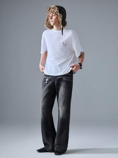 NEON BLANC Pantalones largos de mezclilla negros con bordado, estilo callejero para hombres