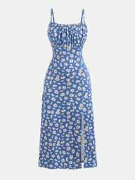 SHEIN Girlism Tween Girl Easter Knit Ditsy Floral Spaghetti Strap Split Hem Dress