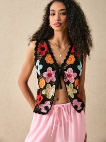 Poéselle Women's Floral Hollow-Out Laced Front Knitted Casual Vest