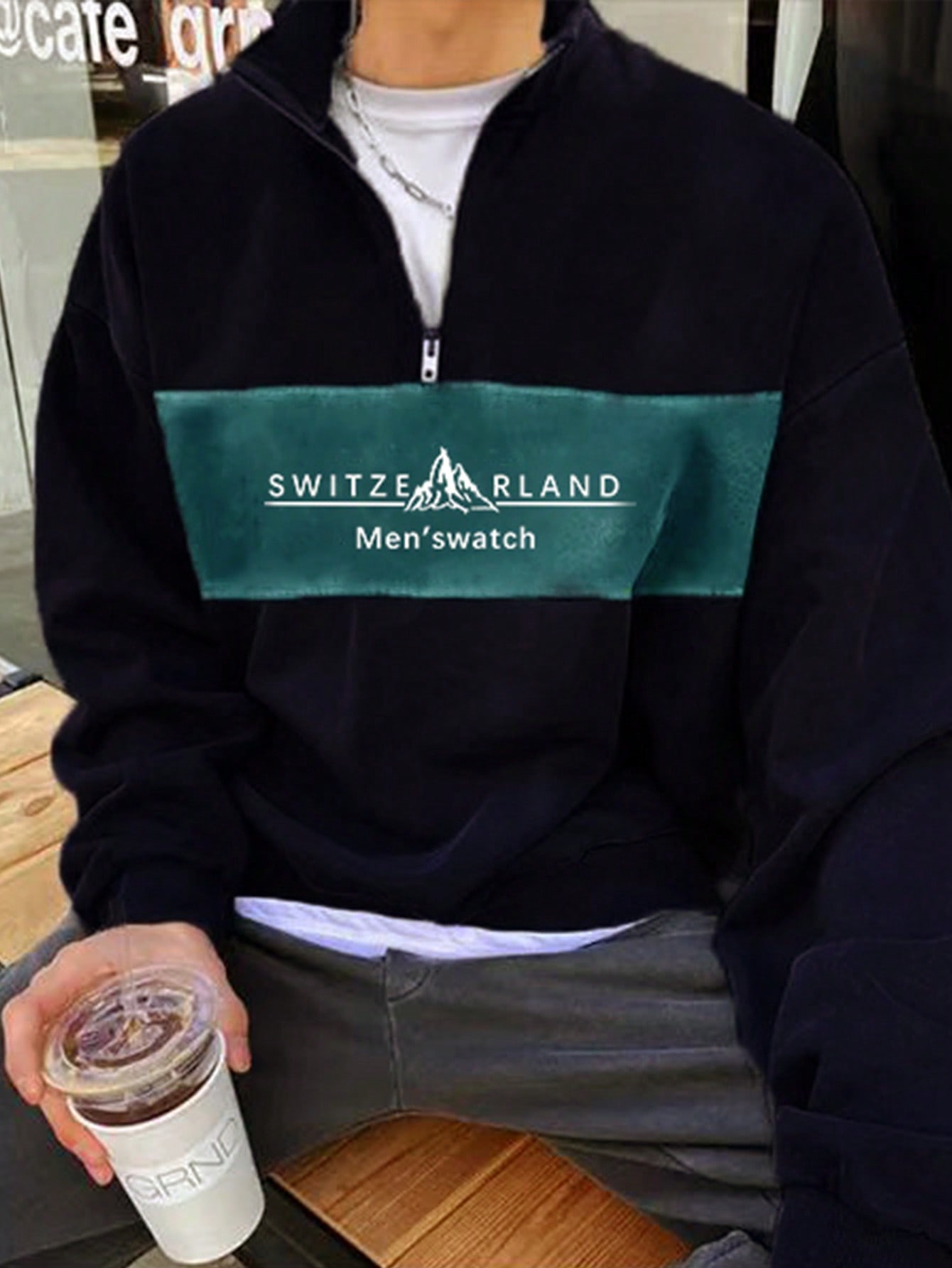 SHEIN Manfinity Dauomo Men's Front Zipper Long Sleeve Solid Color Patchwork Simple Casual Pullover Hoodie