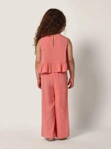 SUMWON Girls Summer Two-Piece Peplum Top And Wide Leg Pants Set, Sleeveless Ruffle Trim Outfit, Casual Holiday Beach Vacation Coordinates