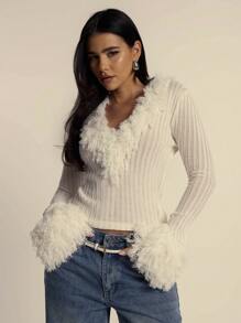 MUSERA Sheer Rib Knit Ruffle Plunge Neck Long Sleeved Top Spring Summer Elegant Cute Evening Party Elegant  New Years Thanksgiving Fall Autumn Winter - White - View 1