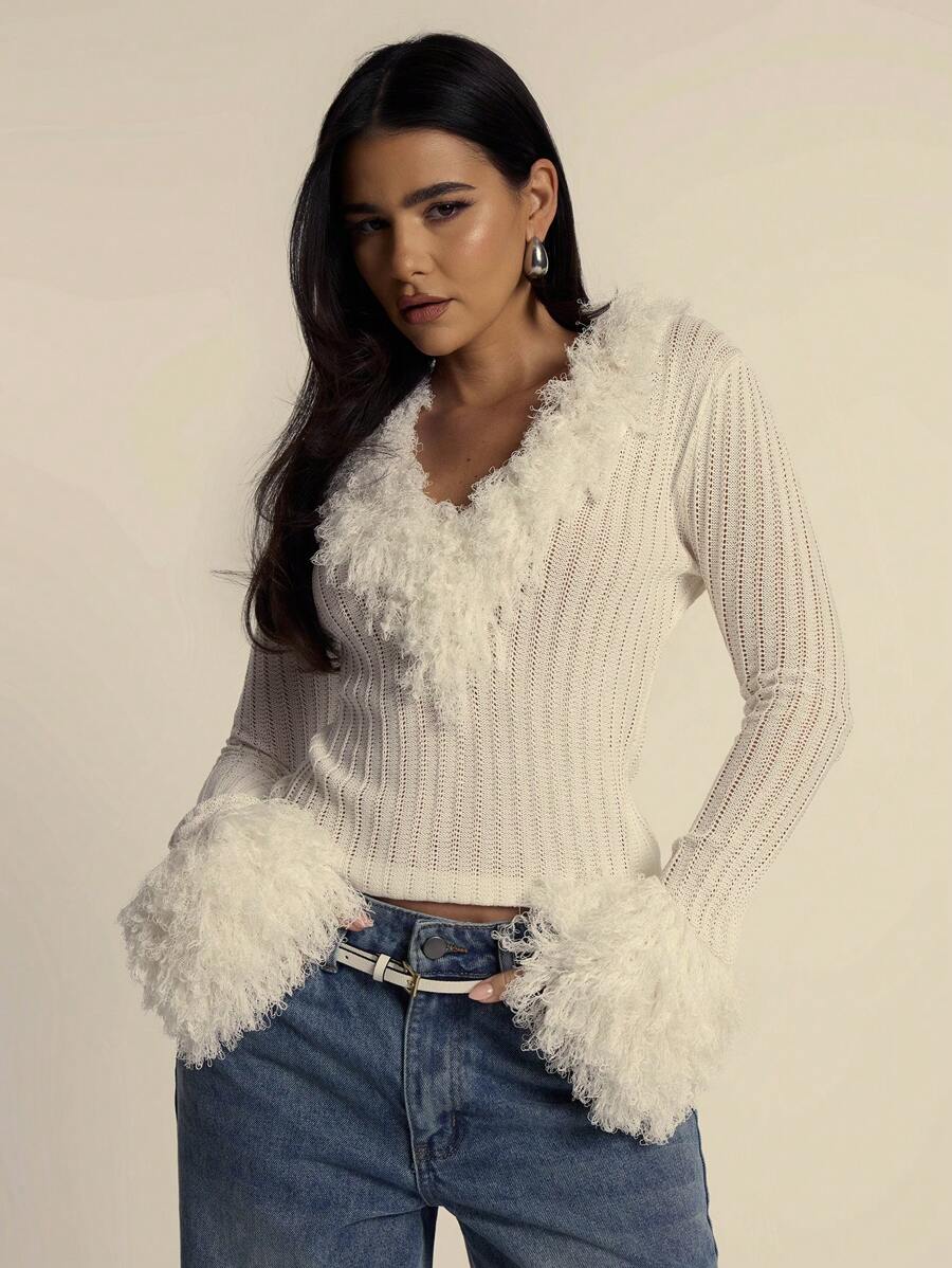 MUSERA Sheer Rib Knit Ruffle Plunge Neck Long Sleeved Top Spring Summer Elegant Cute Evening Party Elegant  New Years Thanksgiving Fall Autumn Winter - White - View 1