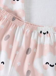 2pcs Tween Girl Cloud Pattern Allover Print Short Sleeve T-Shirt And Shorts Flame Retardant Homewear Set - Pink - View 6