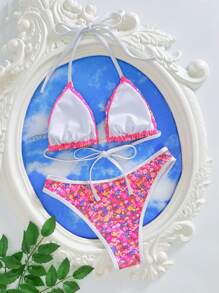 SHEIN Swim 2pcs Women Ditsy Floral Spaghetti Strap Halter Crop Top And Low Waist Thong Bikini Set, Minimalist & Sexy Daily Swimwear, For Summer Beach Vacation - Multicolor - View 2