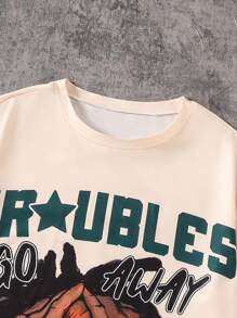 SHEIN 青少年男孩圆领短袖图案印花休闲 T 恤 - 杏色 - 查看 4