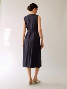 Uhlyne Women's Casual Elegant Sleeveless Linen Midi Dress With Belt - Navy Blue - View 2