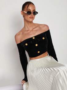 COSMINA Women's Elegant Black Metal Buckle Cropped Top, Spring/Summer - Black - View 6